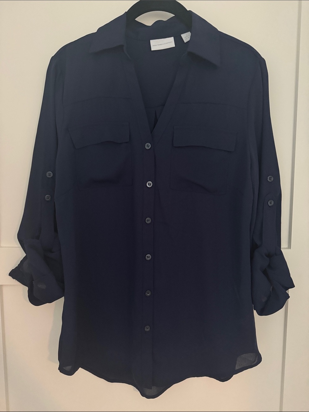New York & Company Navy Button-Front Utility Shirt